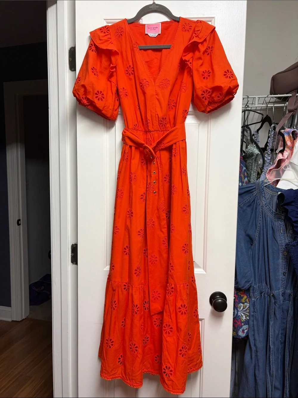 Kate Spade Women's Orange Eyelet Midi Dress with Tie Waist - Picture 1 of 7